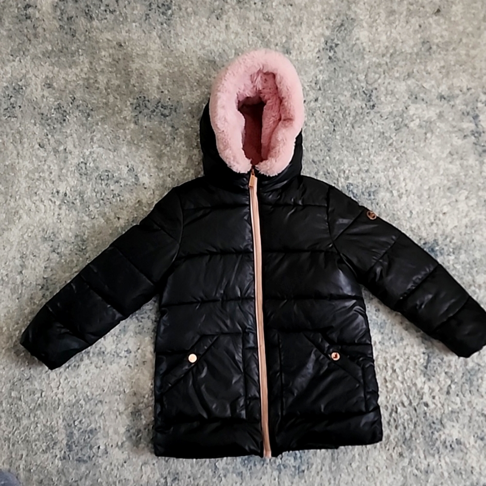 Michael Kors Girls Hooded Pink Faux-Fur-Lined Black Puffer Coat 6X